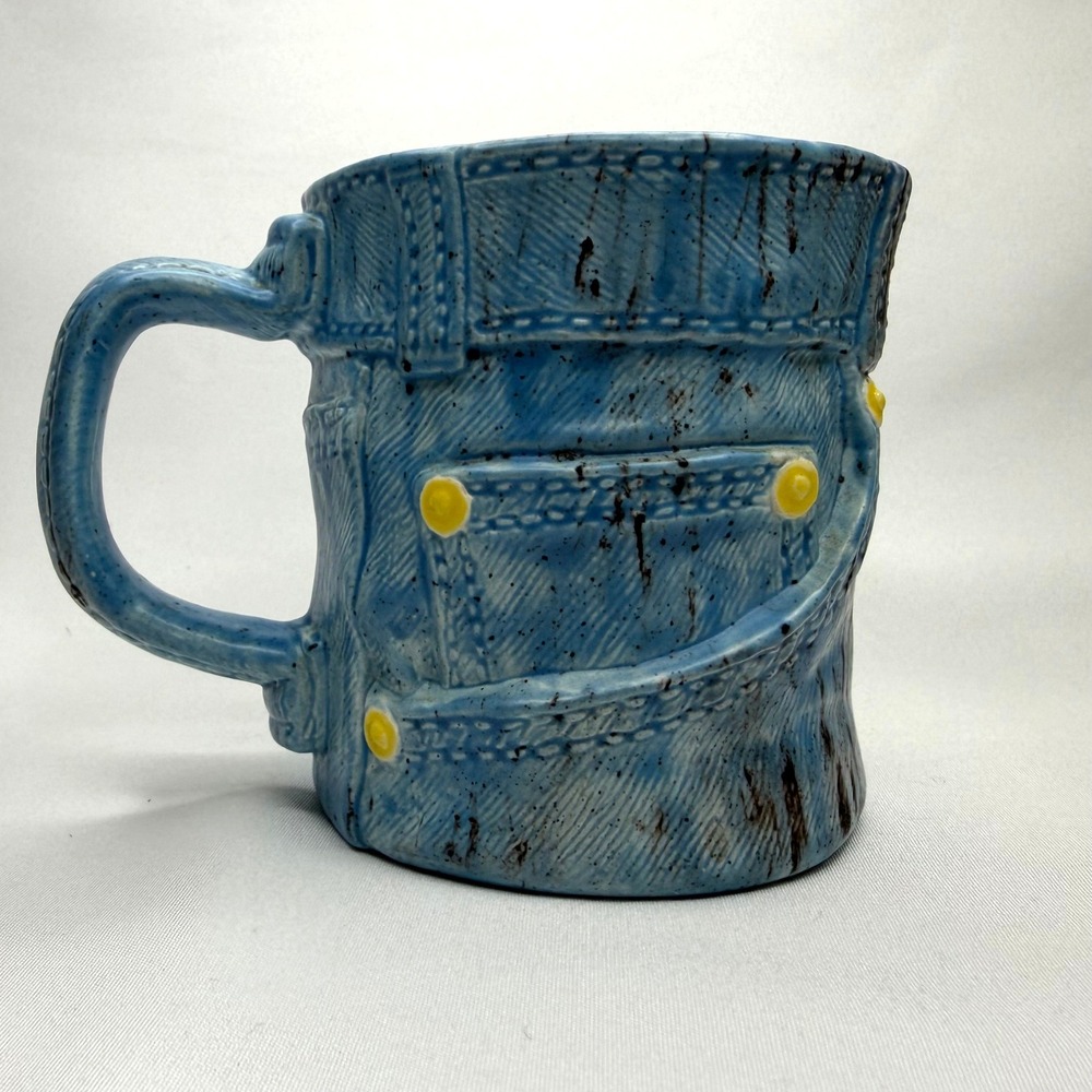 Vintage 1977 Ceramic Blue Jean Denim Coffee Mug Signed Dated 3D Pants Cup Kitsch